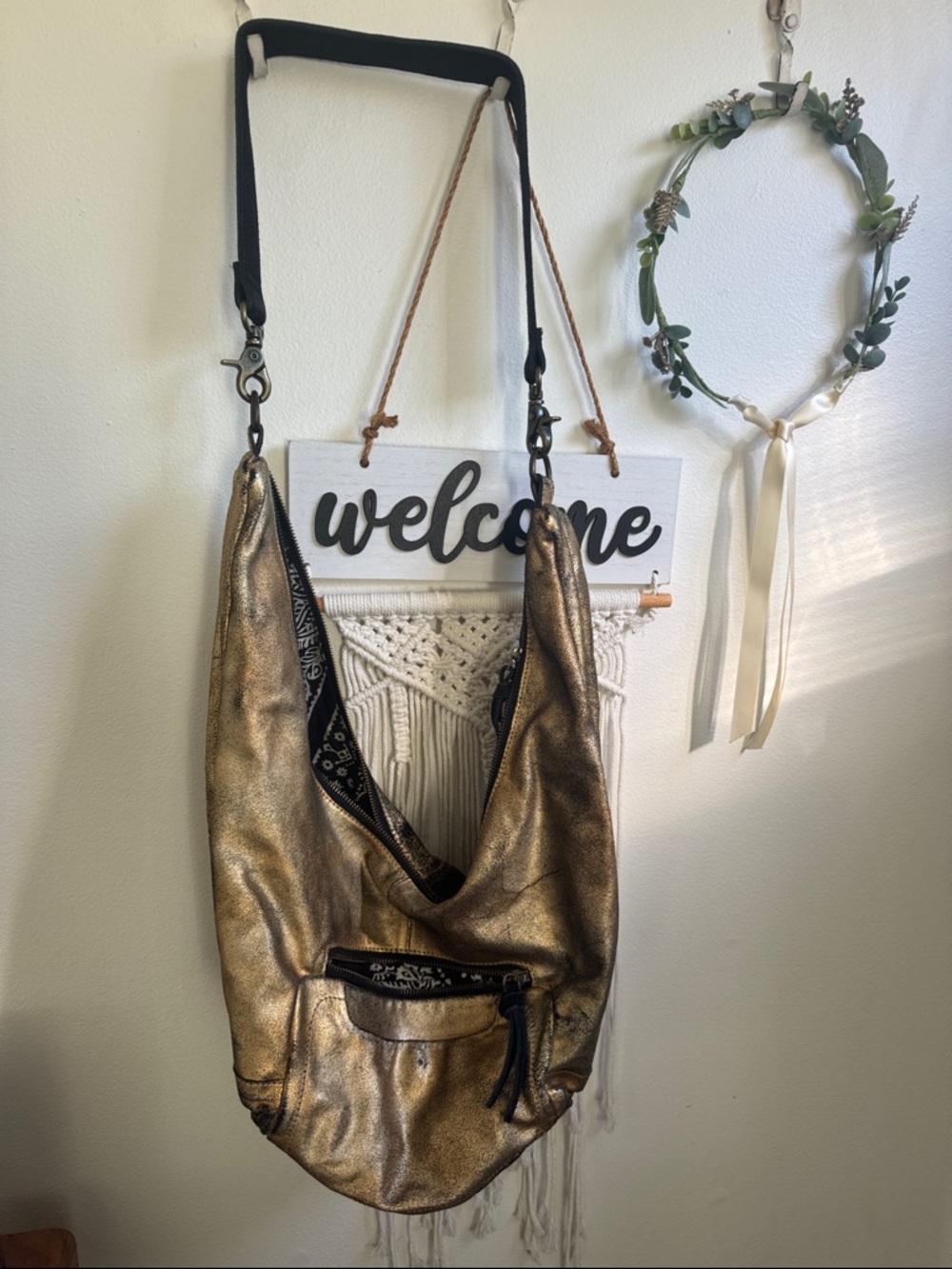 Free People Metallic Gold Crossbody Hobo Bag